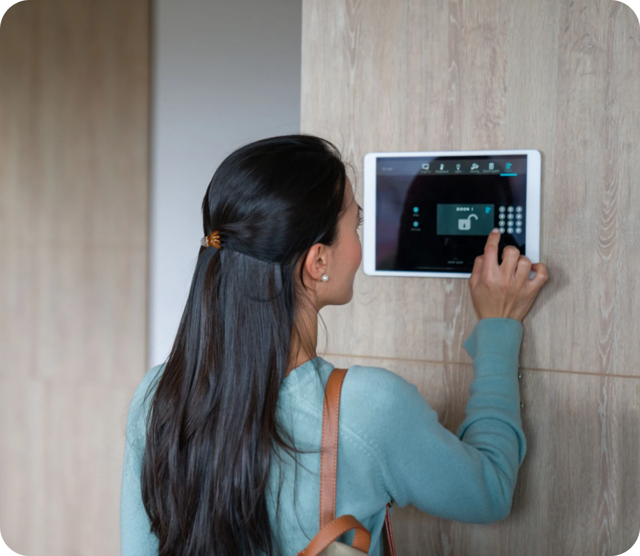 Person interacting with touchscreen device