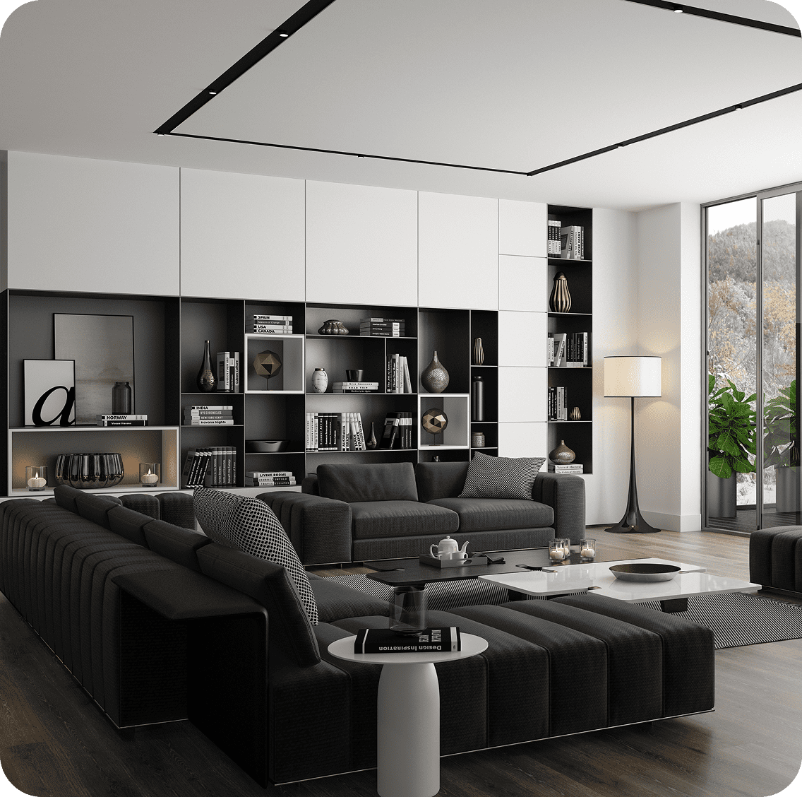 Modern living room with black sofas.